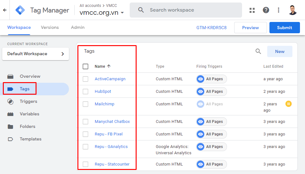 Google Tag Manager (GTM) khi gán mã các phần mềm vào GTM