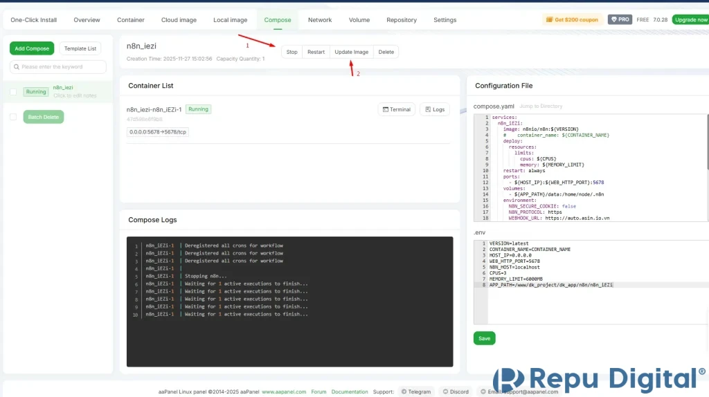 Aapanel N8n lỗi 502 Nginx khi restore, Update version n8n và xóa log n8n